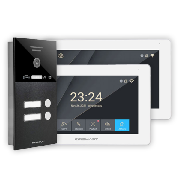 KIT Vídeo Porteiro 2x Monitores 7'' + Posto Externo C/Visão Noturna e Leitor Cartão IC 2 Botões POE