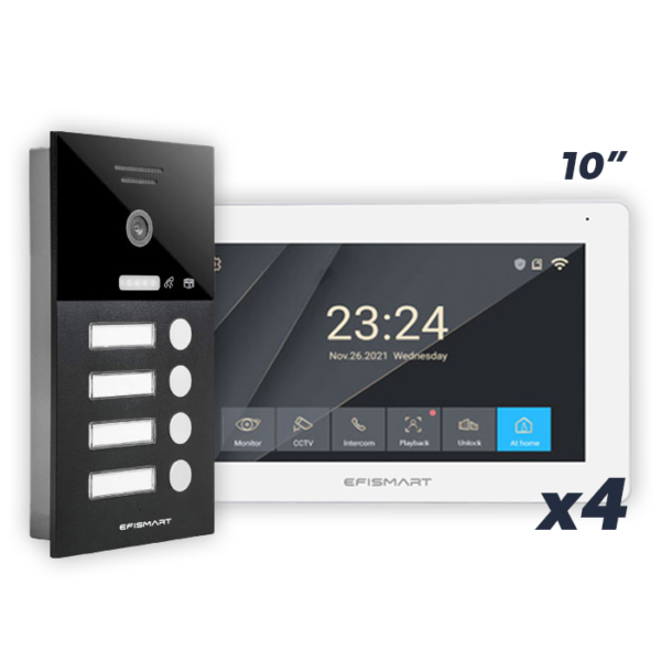 KIT POE 4x Monitores 10'' WIFI Tuya + Posto Externo C/Visão Noturna e Leitor Cartão IC 4 Botões