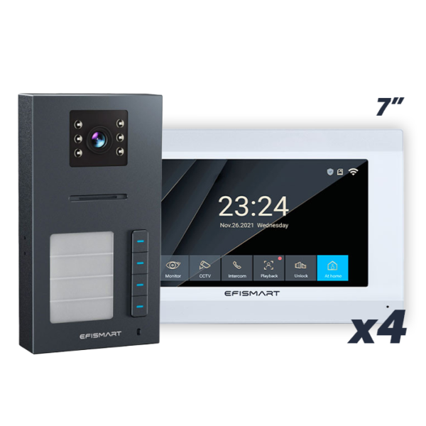 KIT 2 Fios 4x Monitores 7" WIFI Tuya + Posto Externo 4 Botões