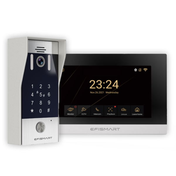 KIT 2 Fios Monitor 7" WIFI + Posto Externo C/Impr. Digital / Teclado / Cartão RFID Cinza/Preto