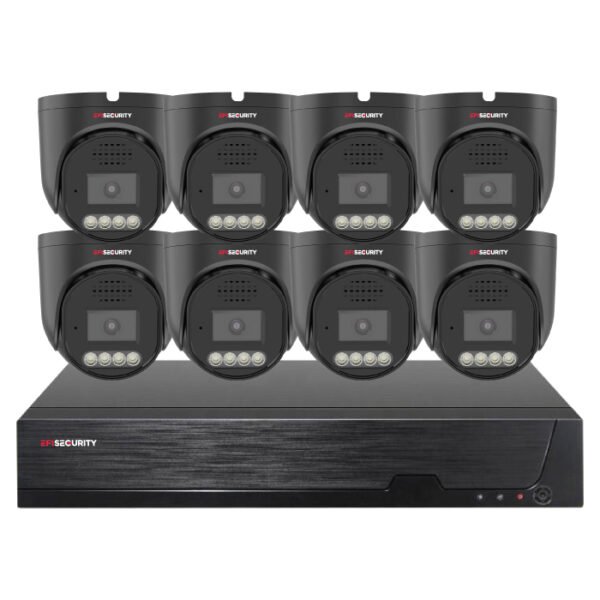 Sistema CCTV POE - 8x Câmara Dome 5MP C/Detecão AI/Visão Nocturna + Gravador POE 8H 4K | XMEye PRO | Preto