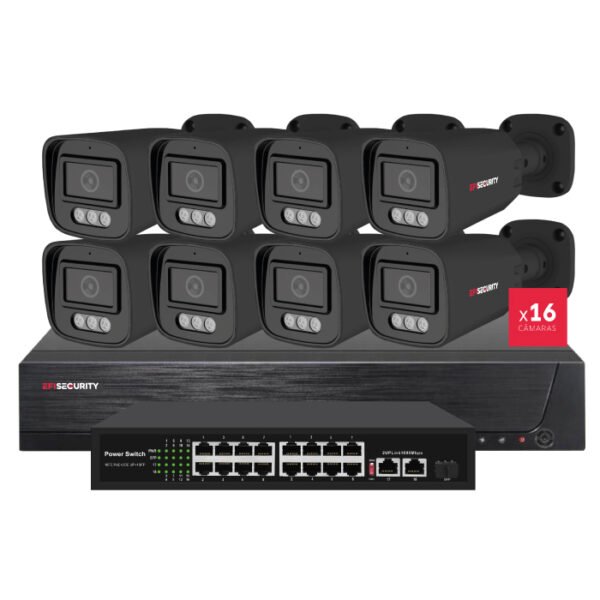 Sistemas CCTV POE - 16x Câmara Bullet 4K C/Sensor AI + Gravador IP 16CH 4K + Switch 16CH | Tuya | Preto
