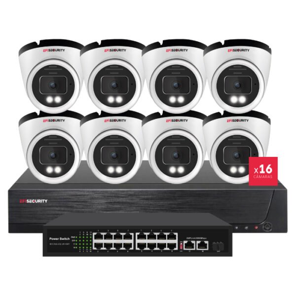 Sistemas CCTV POE - 16x Câmara Dome 4K C/Sensor AI/Visão Noturna + Gravador IP 16CH 4K + Switch 16CH | Tuya