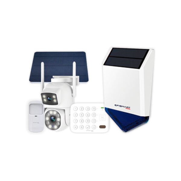 Sistema Segurança – 2x Câmara WIFI PTZ 8MP C/Painel SOlar + Central Alarme WIFI + Sirene C/Painel Solar + Sensor de Movimento